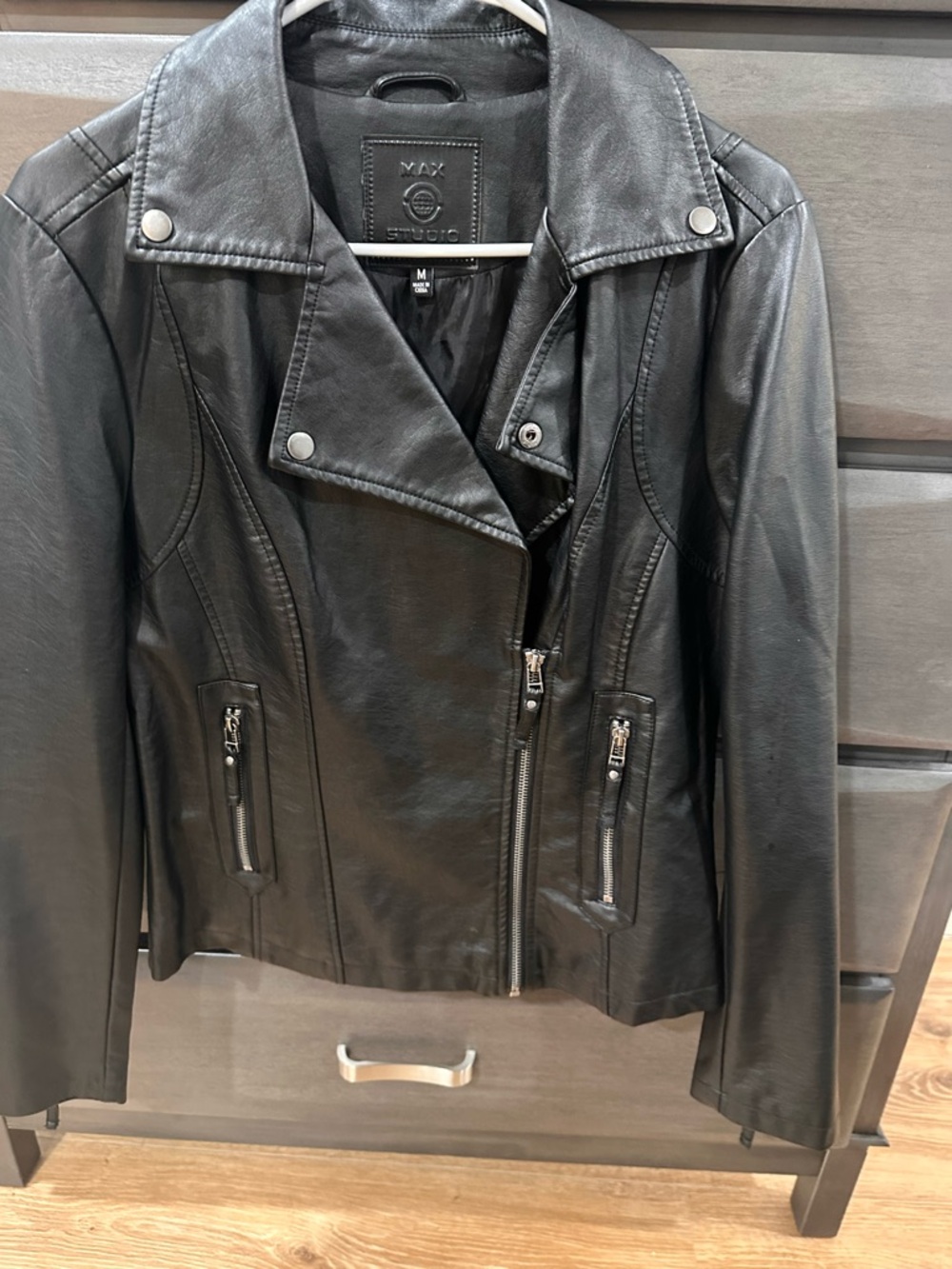 Max Studio Black Leather Moto Jacket with Zip Pockets